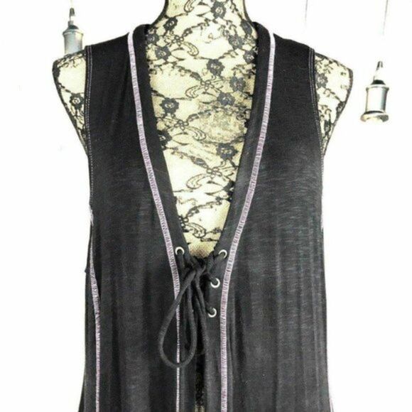 Long Vest Duster Black and Pink Stitching Y - Picture 6 of 11
